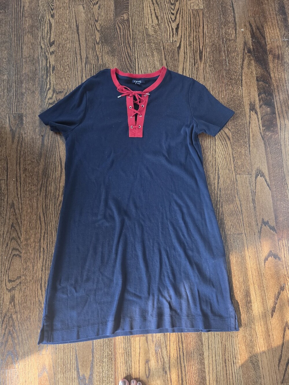 Womens Chaps Navy Dress with Red Trim and Lace-Up Neck, Size 2X.
